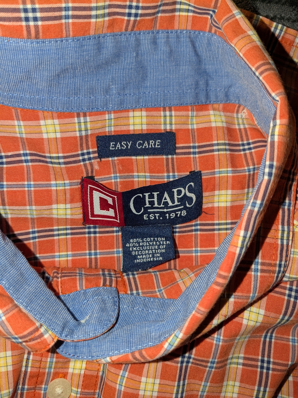 Chaps Orange Plaid Button-Down Shirt with Blue Accent Size Large - Picture 3 of 4